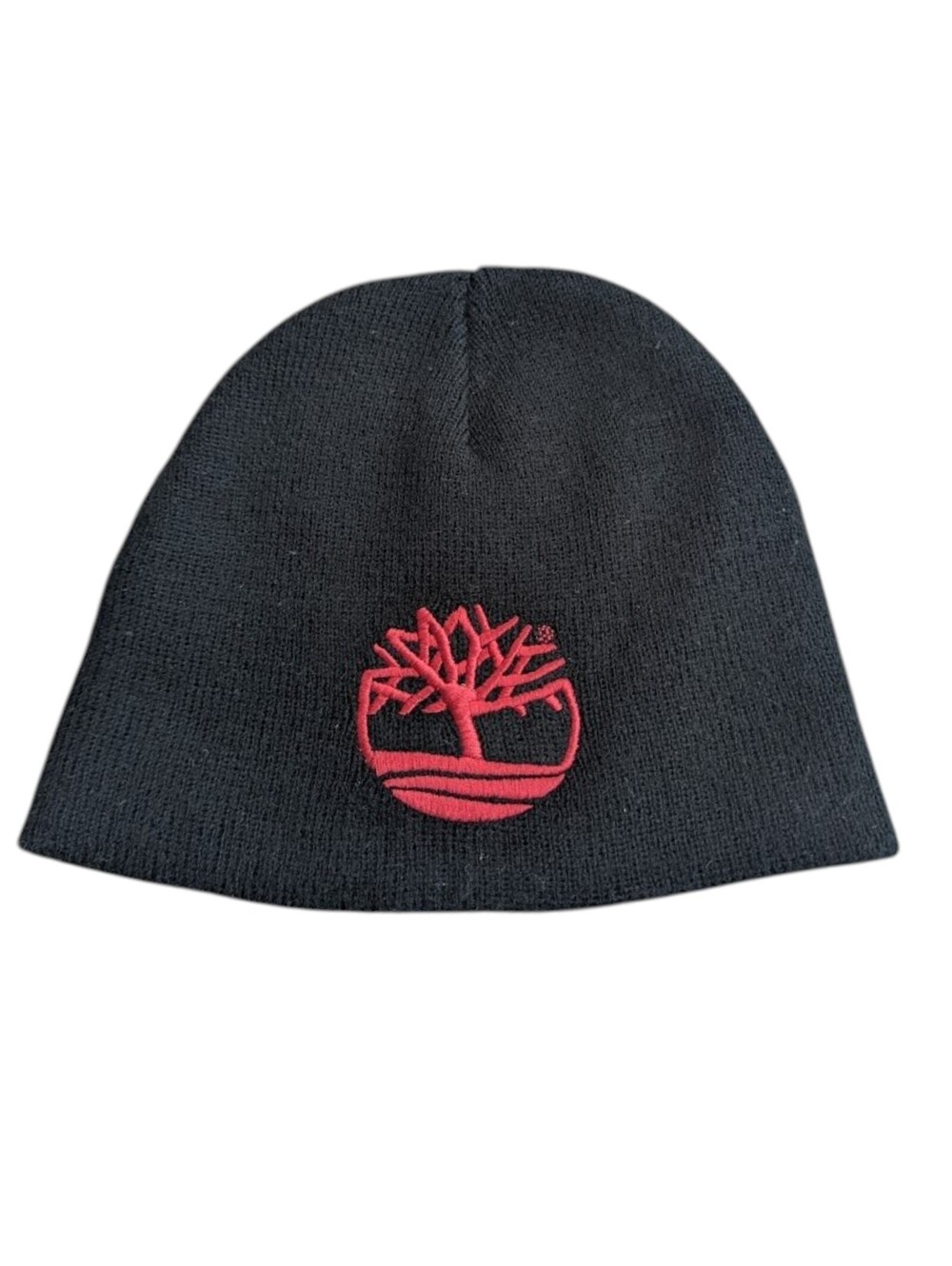 Vintage 2011 Timberland Black Knit Beanie Hat Red Embroidered Tree Cap Small